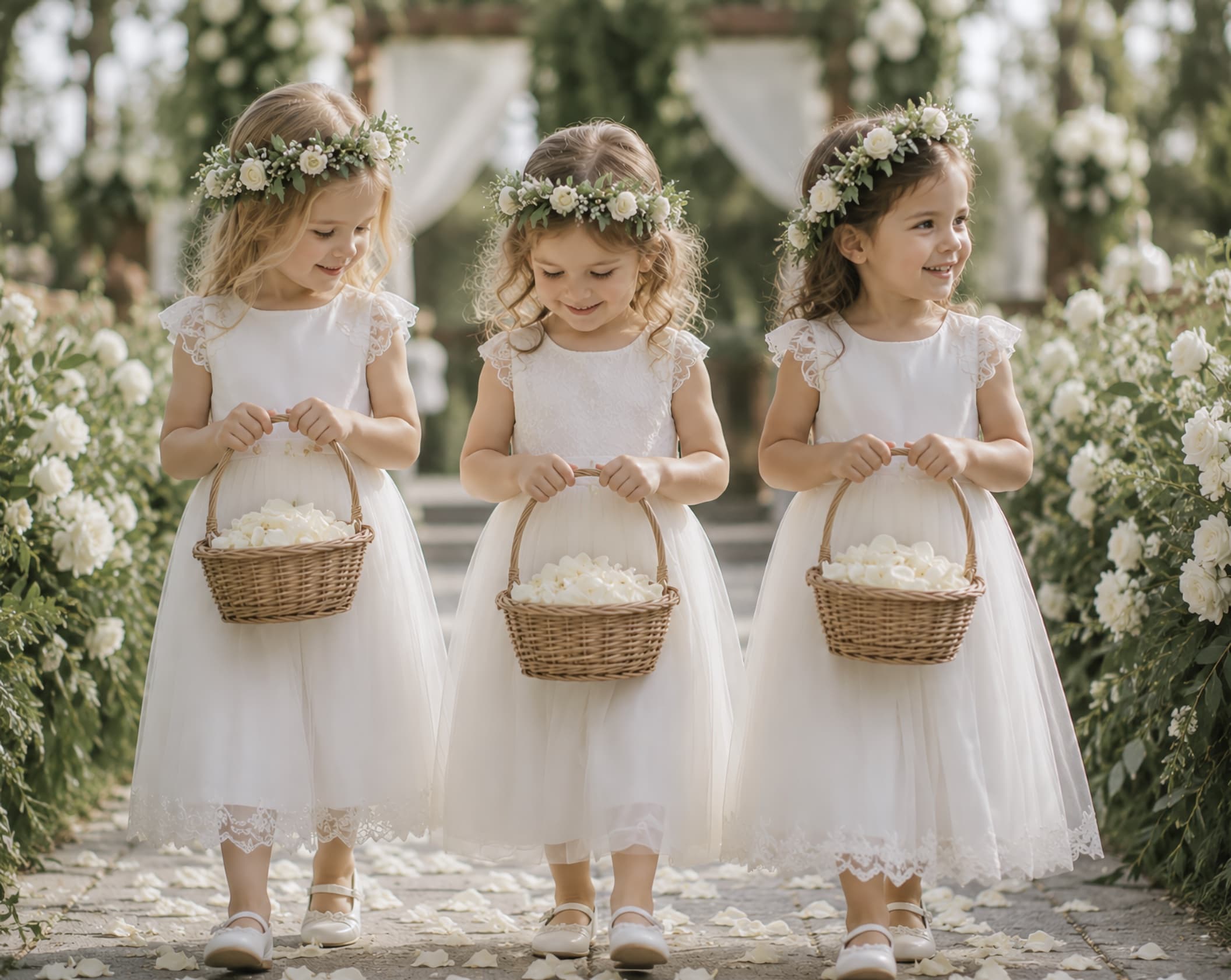 Flower girls in white dresses